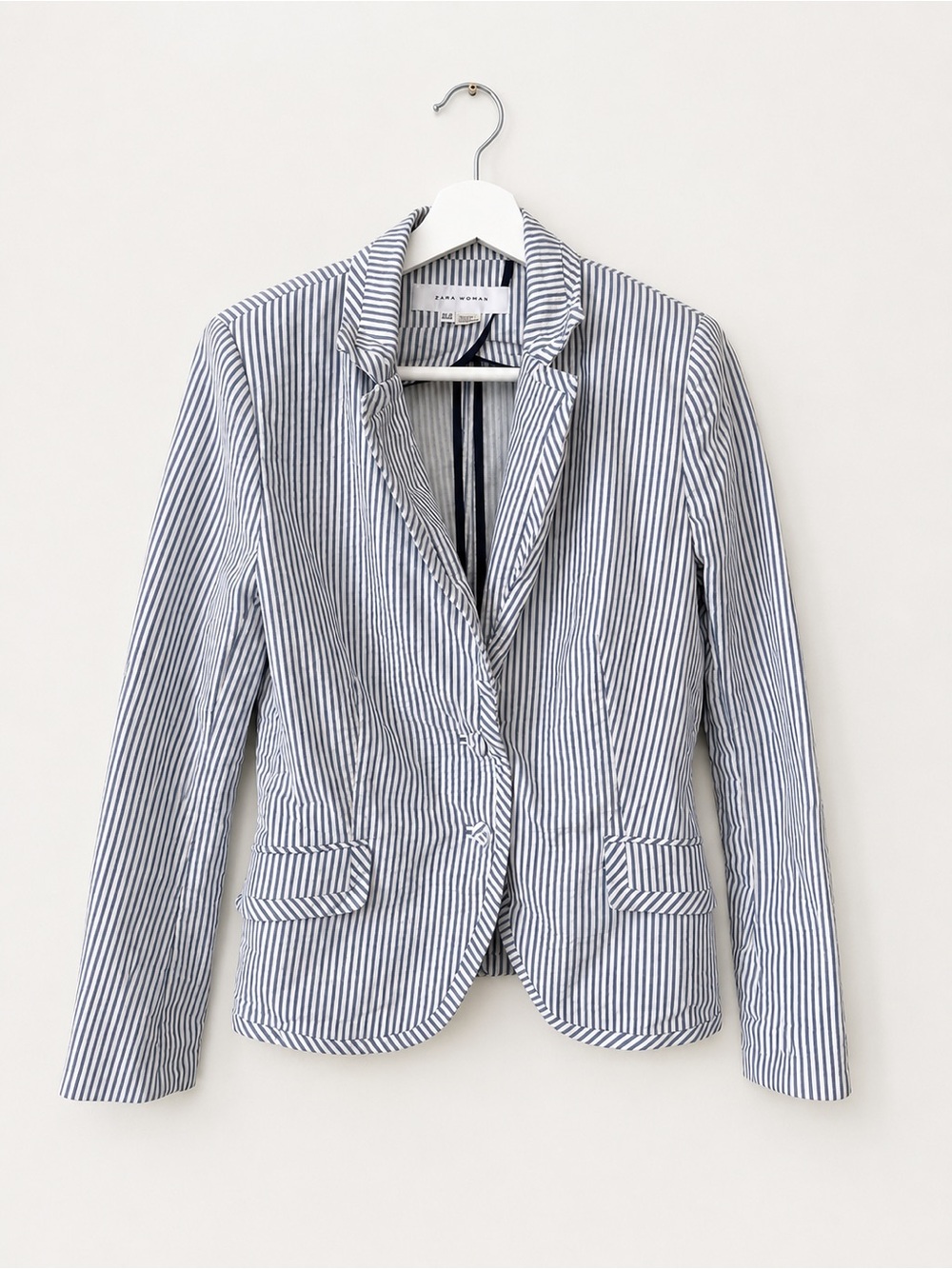 Zara Woman Blue & White Seersucker Striped Blazer | Tailored Preppy Jacket XL